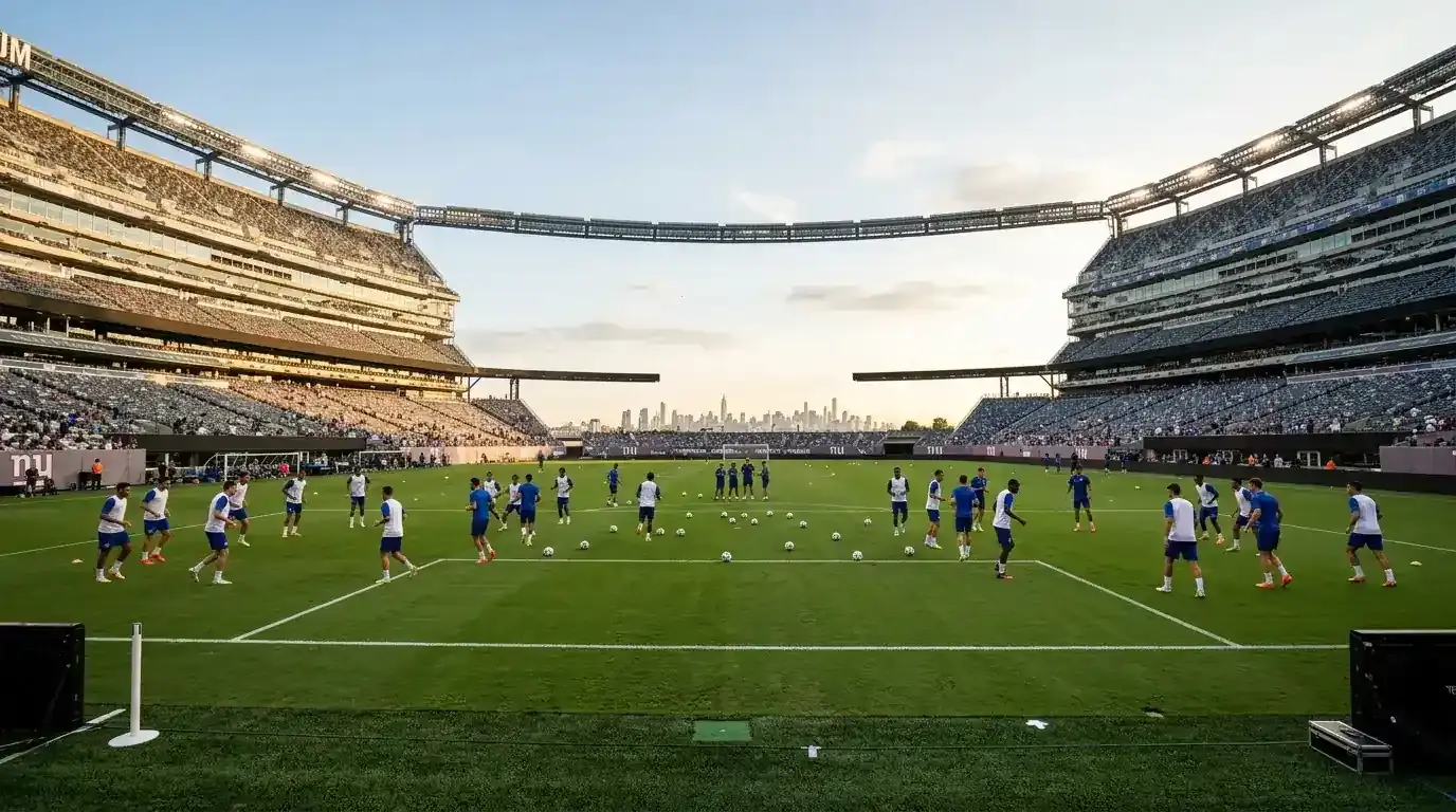 Spelare värmer upp på MetLife Stadium inför kvällsavsparken i VM 2026 22 juni.