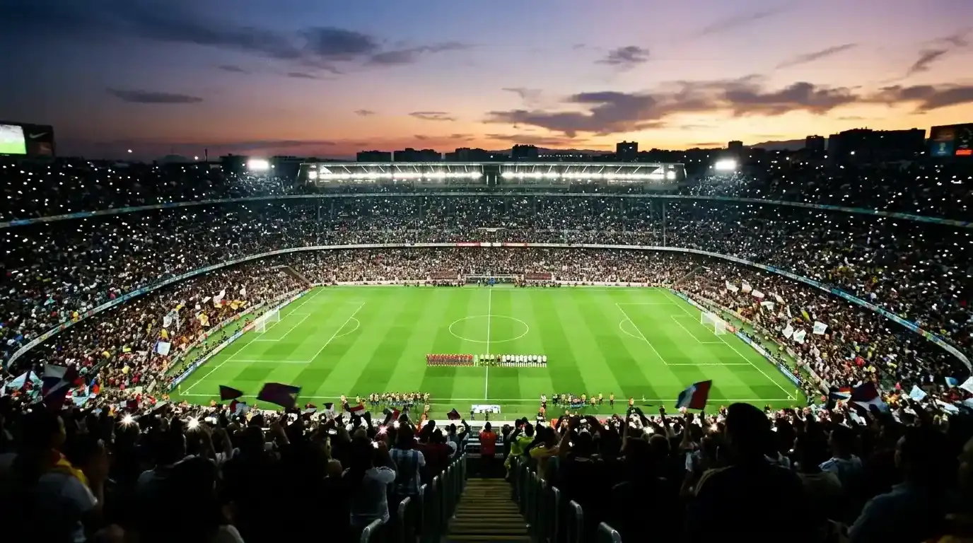 Ett fullsatt VM-finalstadion i kvällsljus med två lag uppställda på planen inför avspark, sett från övre läktaren.