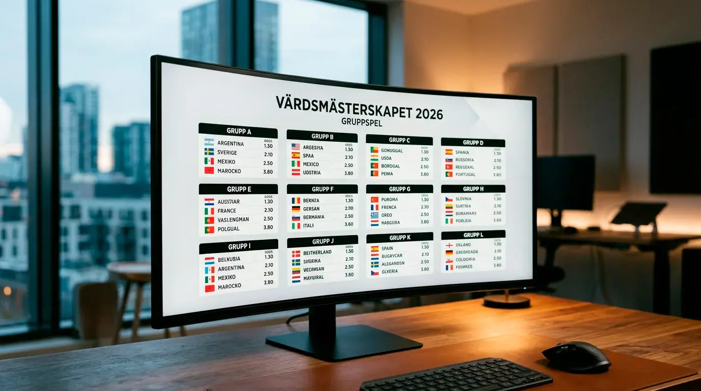Gruppspelstabell för VM 2026 med decimalodds markerade för varje grupp
