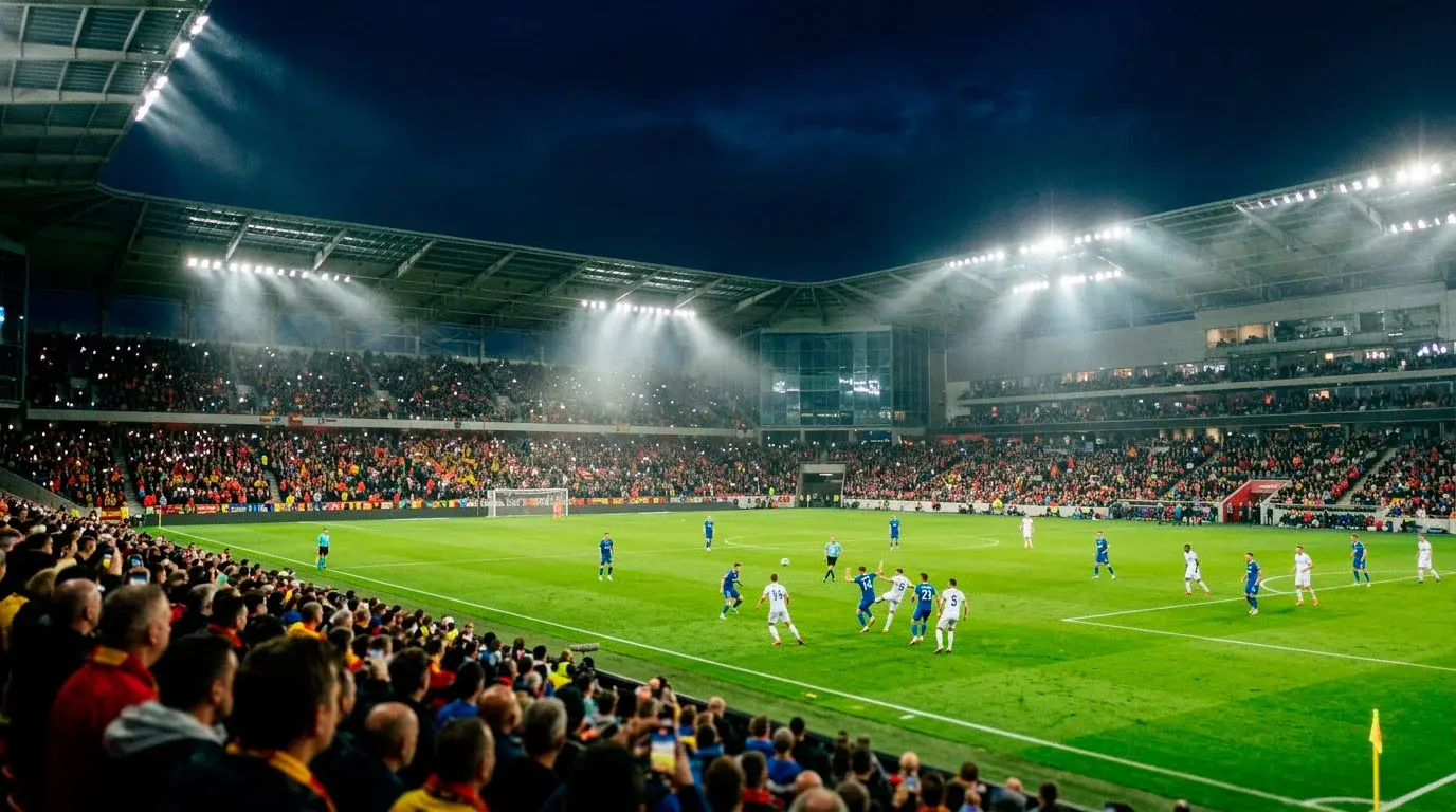Fotbollsmatch under kvällsbelysning på en modern arena med gröna planen i fokus