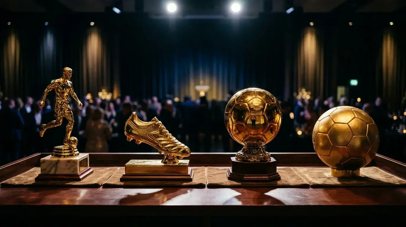 En rad glänsande fotbollstroféer och en guldboll uppställda på ett podium med strålkastarljus efter en turnering.