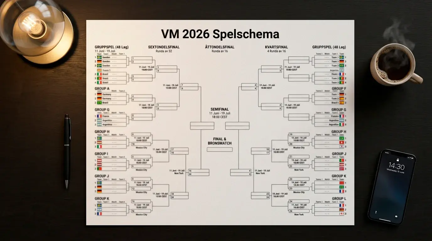 Kalendervy med VM 2026 spelschema och nyckelmatcher markerade i svensk tid