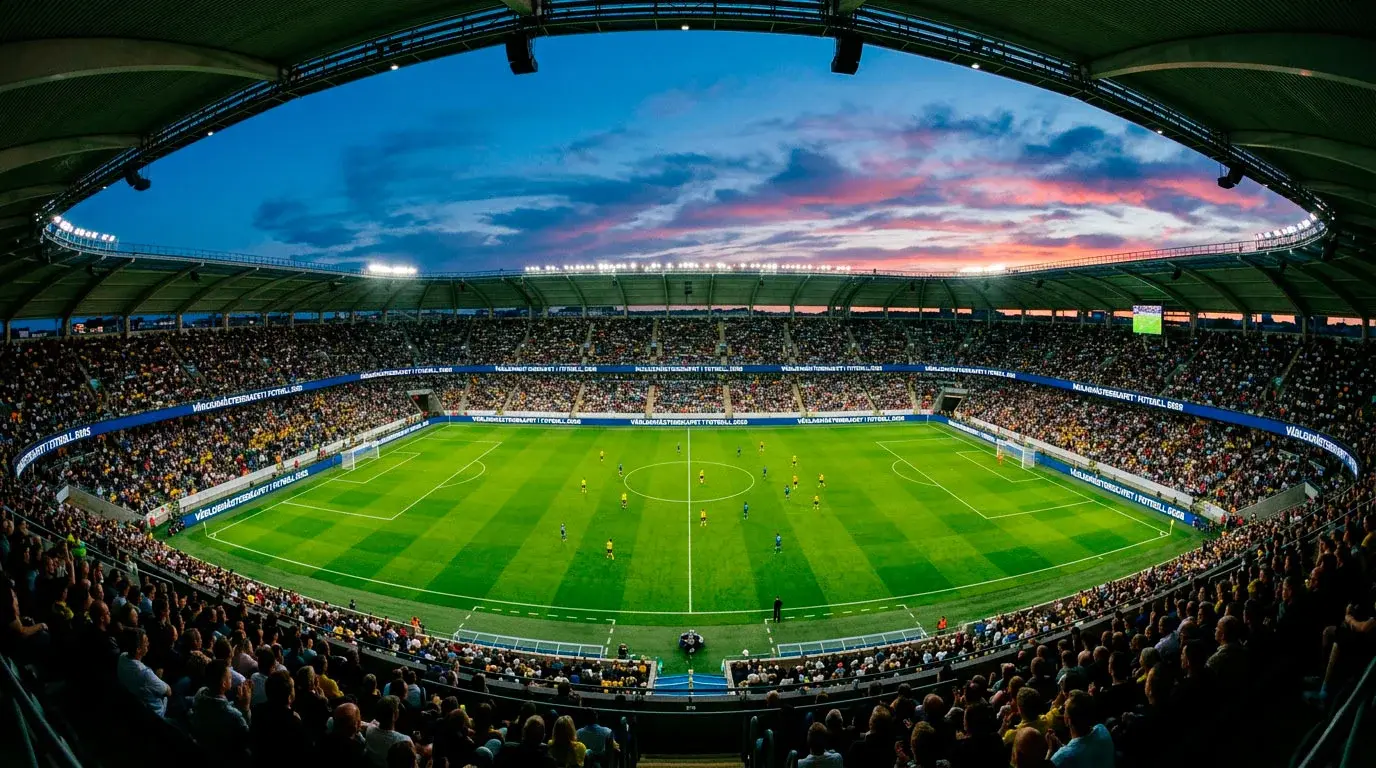 Panoramavy över ett upplyst fotbollsstadion inför VM 2026 med fullsatt läktare
